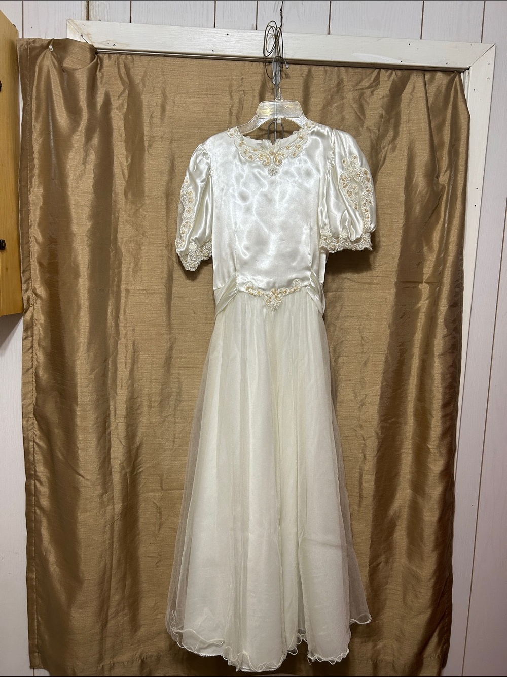 Ivory Satin and Tulle Formal Dress with Lace Appliqué